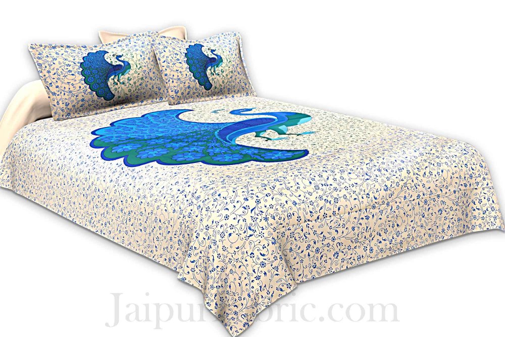 Beige Double Bedsheet with Blue Dancing Peacock