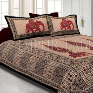 Black Border Leaf With Elephant Print Fine Cotton Double Bed Sheet