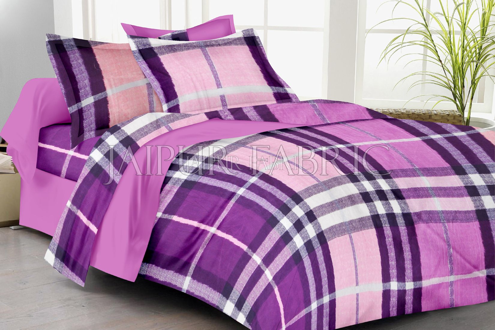 Purple And Pink Square Print Double Bed Sheet