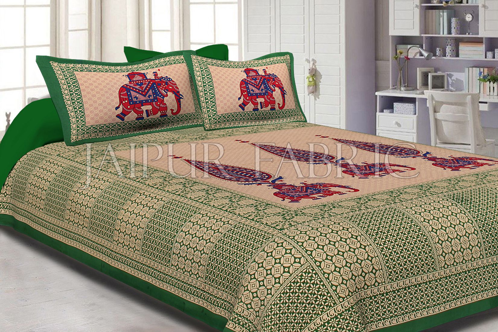 Green Border Leaf With Elephant Print Fine Cotton Double Bed Sheet