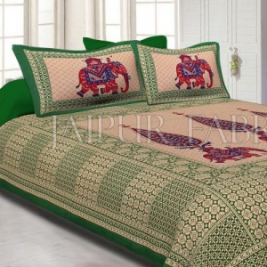 Green Border Leaf With Elephant Print Fine Cotton Double Bed Sheet