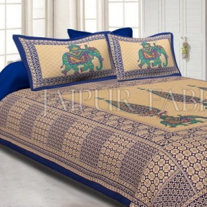 Blue Border Leaf With Elephant Print Fine Cotton Double Bed Sheet