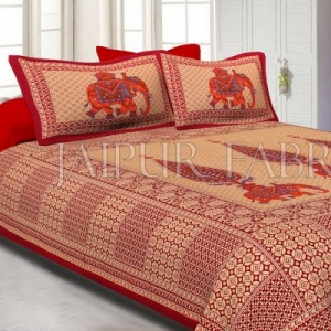 Red Border Leaf With Elephant Print Fine Cotton Double Bed Sheet