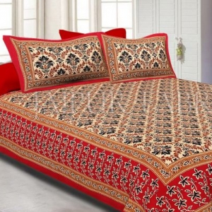 Red Border With Tropical Floral Print Cotton Double Bed Sheet