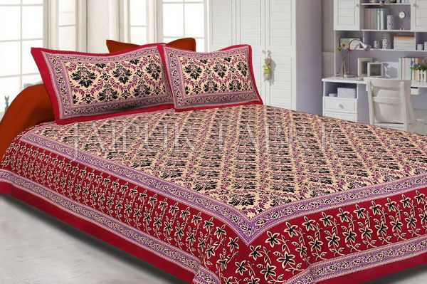 Maroon Border With Tropical Floral Print Cotton Double Bed Sheet