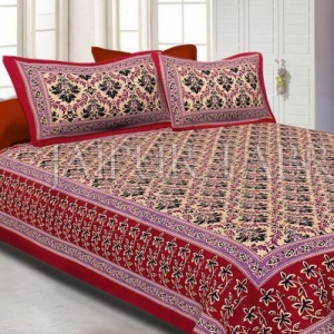 Maroon Border With Tropical Floral Print Cotton Double Bed Sheet