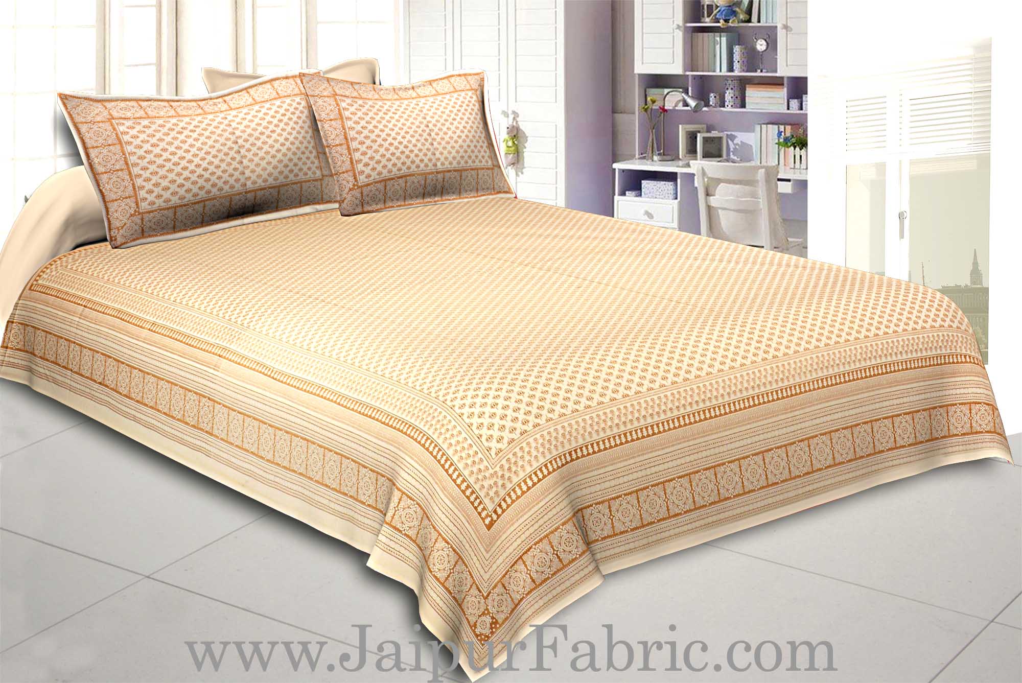 Double Bedsheet Elegant Brown Golden Lotus Print