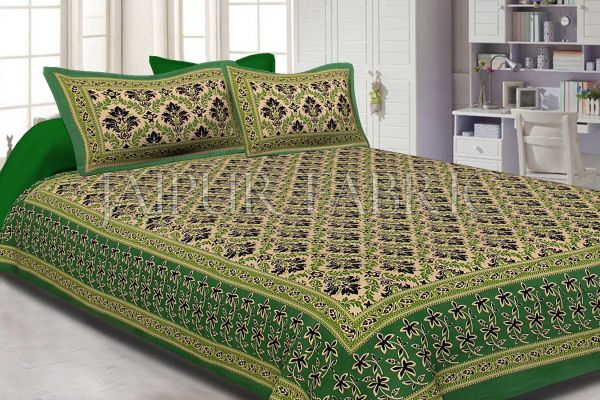 Green With Tropical Floral Pattern Cotton Double Bed Sheet