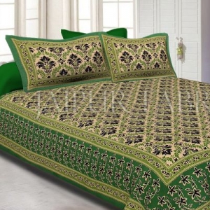 Green With Tropical Floral Pattern Cotton Double Bed Sheet