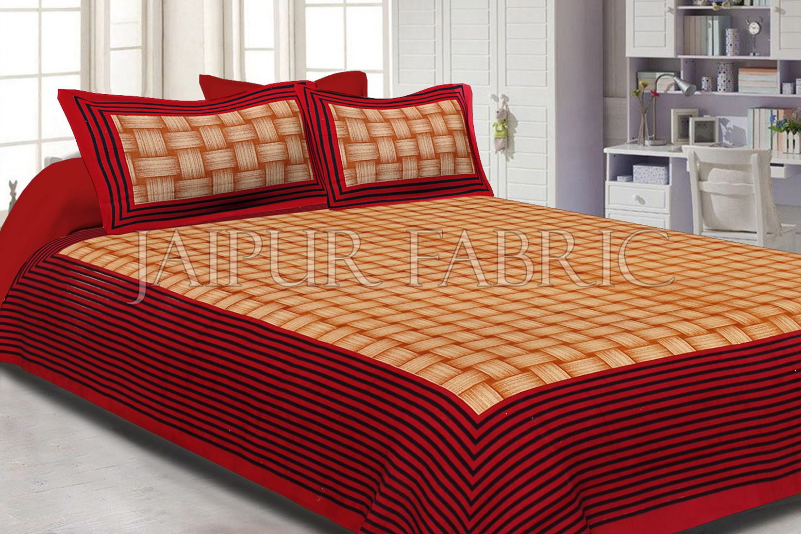 Orange Border With Lining Check Pattern Cotton Double Bed Sheet