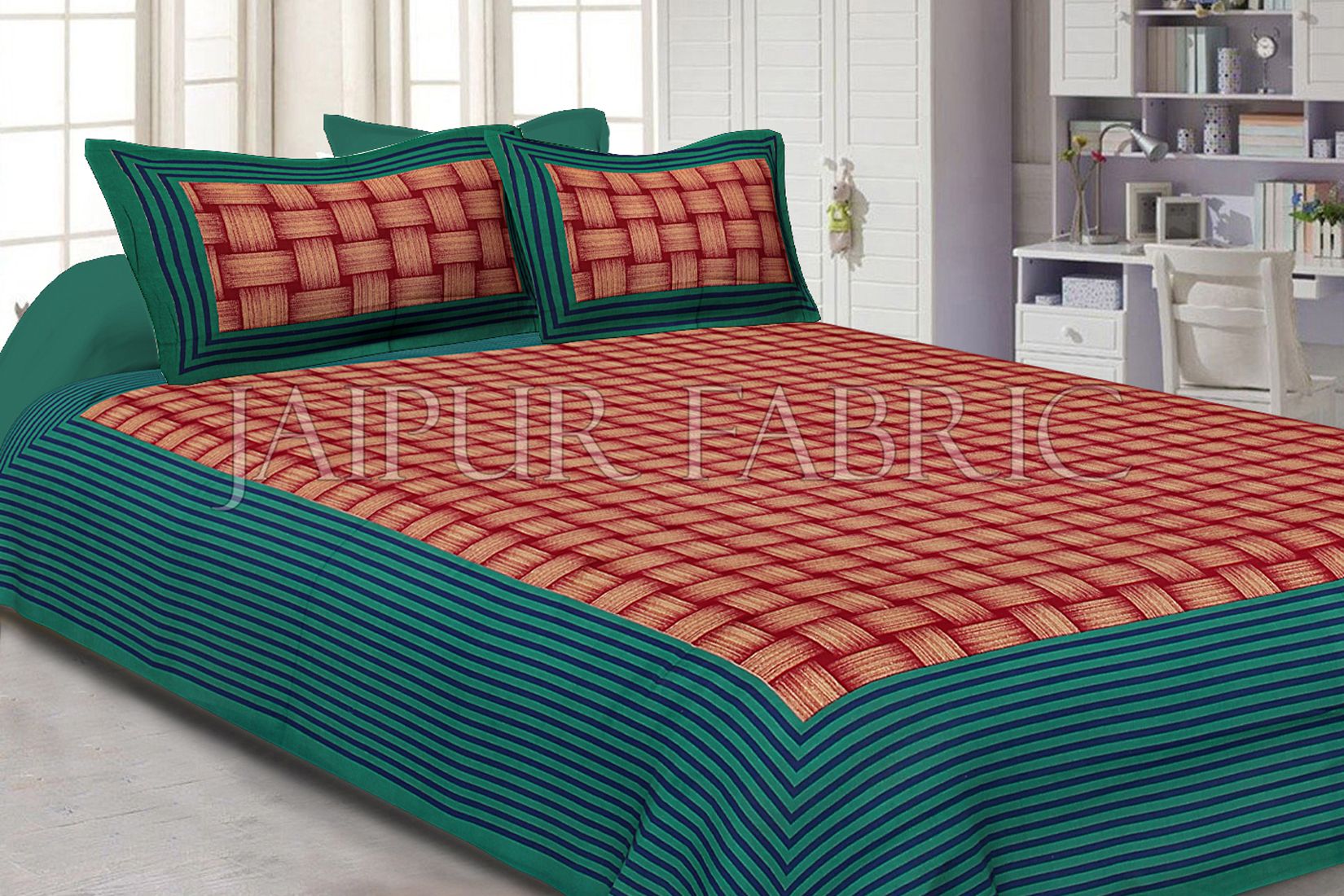 Green Border With Lining Check Pattern Cotton Double Bed Sheet