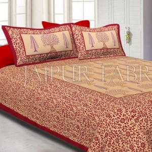 Maroon Border Light Brown Base With Flower and Plant Pattern Cotton Double Bed Sheet