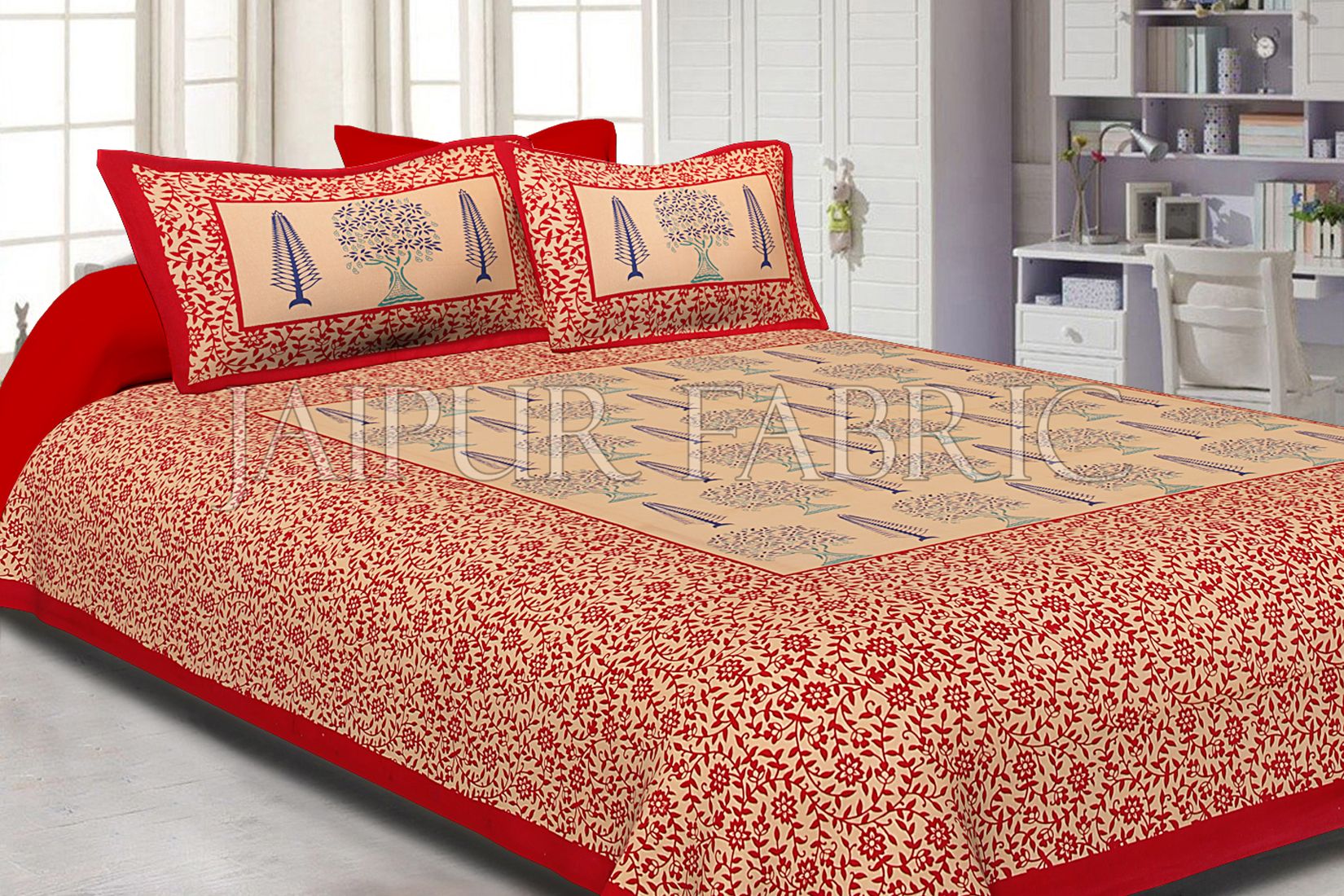 Red Light Brown Base With Flower and Plant Pattern Cotton Double Bed Sheet