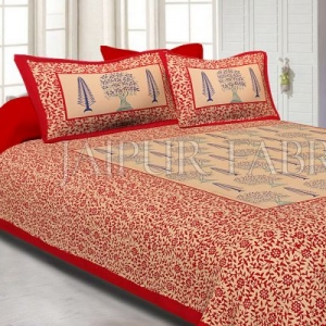 Red Light Brown Base With Flower and Plant Pattern Cotton Double Bed Sheet