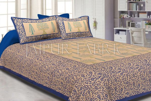 Navy Blue Light Brown Base With Flower and Plant Pattern Cotton Double Bed Sheet