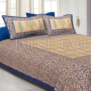 Navy Blue Light Brown Base With Flower and Plant Pattern Cotton Double Bed Sheet