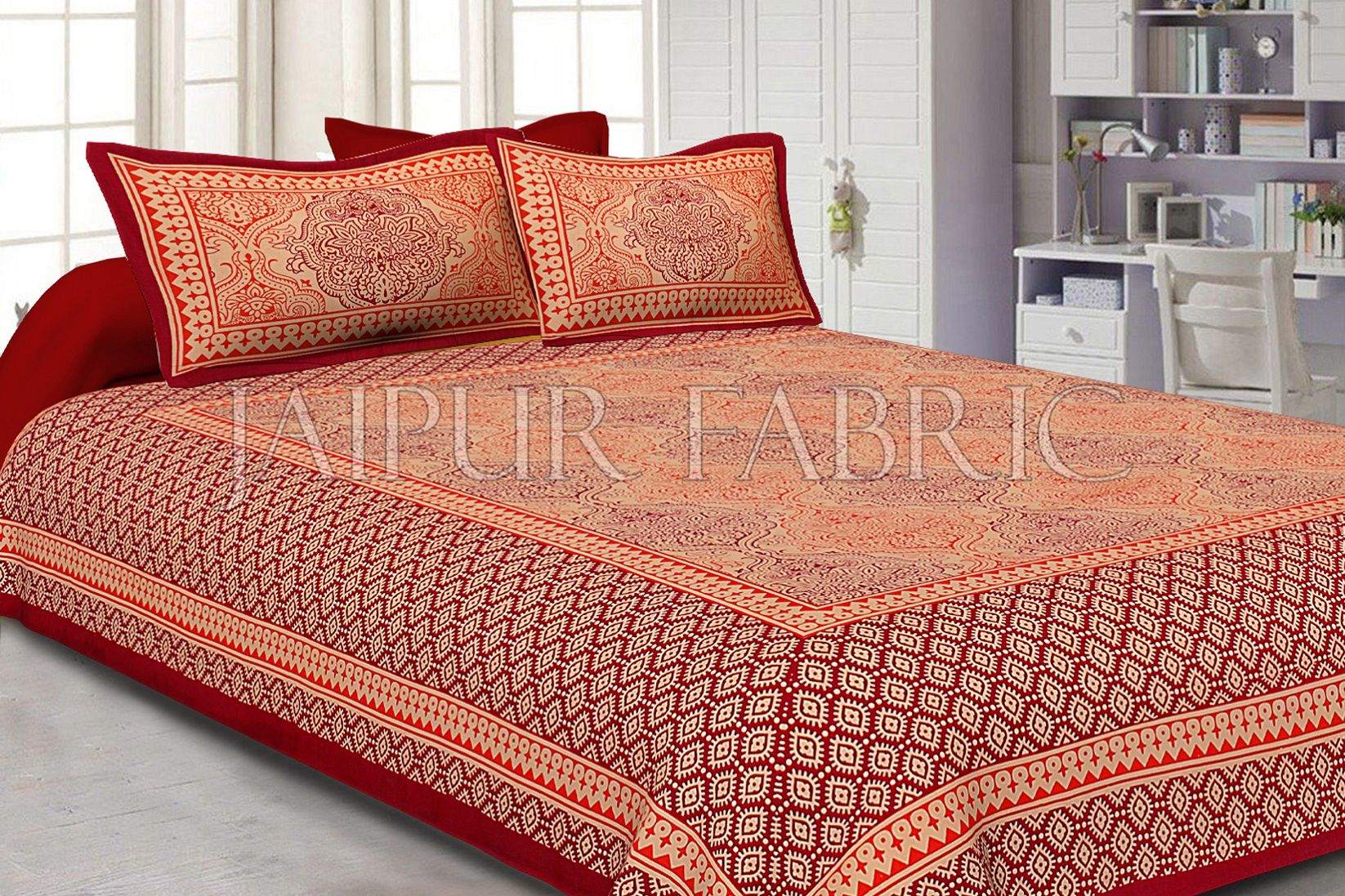 Maroon Border With Rangoli Pattern Cotton Double Bed Sheet