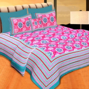 Sea Green Border Pink Base Floral Print Cotton Double Bedsheet