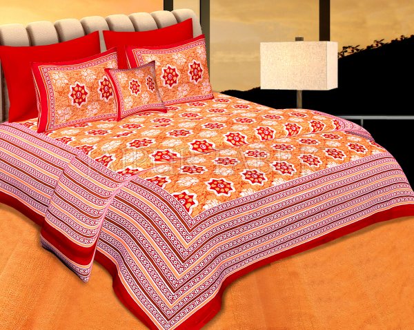 Red  Border Orange Base Floral Print Cotton Double Bedsheet