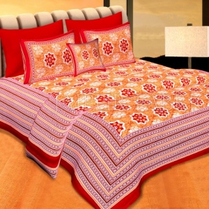 Red  Border Orange Base Floral Print Cotton Double Bedsheet