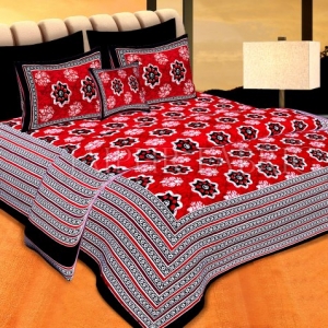 Black Border Red Base Floral Print Cotton Double Bedsheet