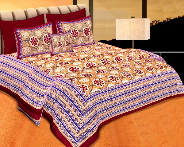 Maroon Border Yellow Base Floral Print Cotton Double Bed Sheet