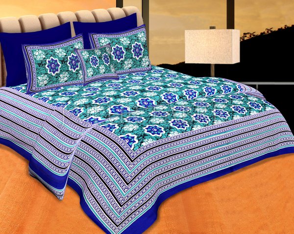 Blue Border Green Base Floral Print Cotton Double Bedsheet