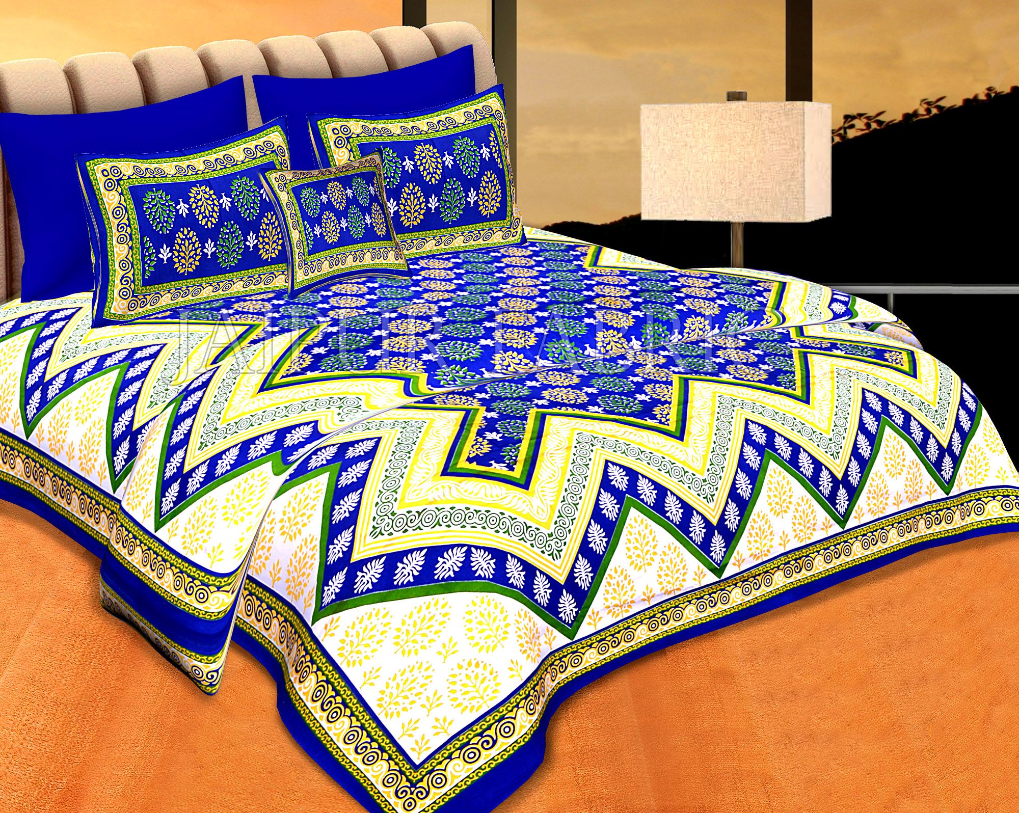 Blue Border Blue Base Zigzag Pattern Cotton Double Bedsheet