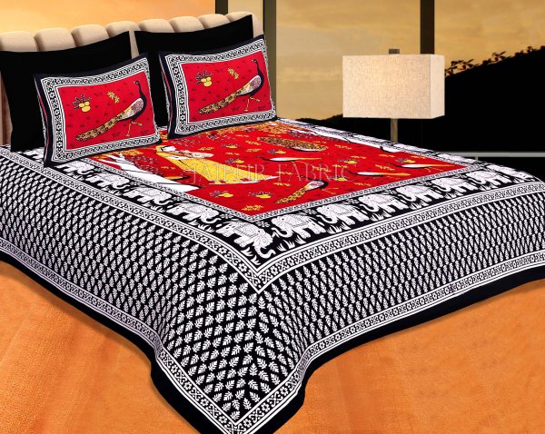 Black Border Red Base Meera With Peacocks Cotton Double Bedsheet