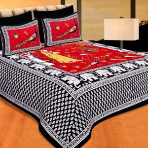 Black Border Red Base Meera With Peacocks Cotton Double Bedsheet