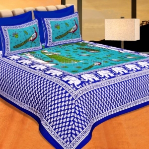 Neavy Blue Border Green Base Meera With Peacocks Cotton Double Bedsheet