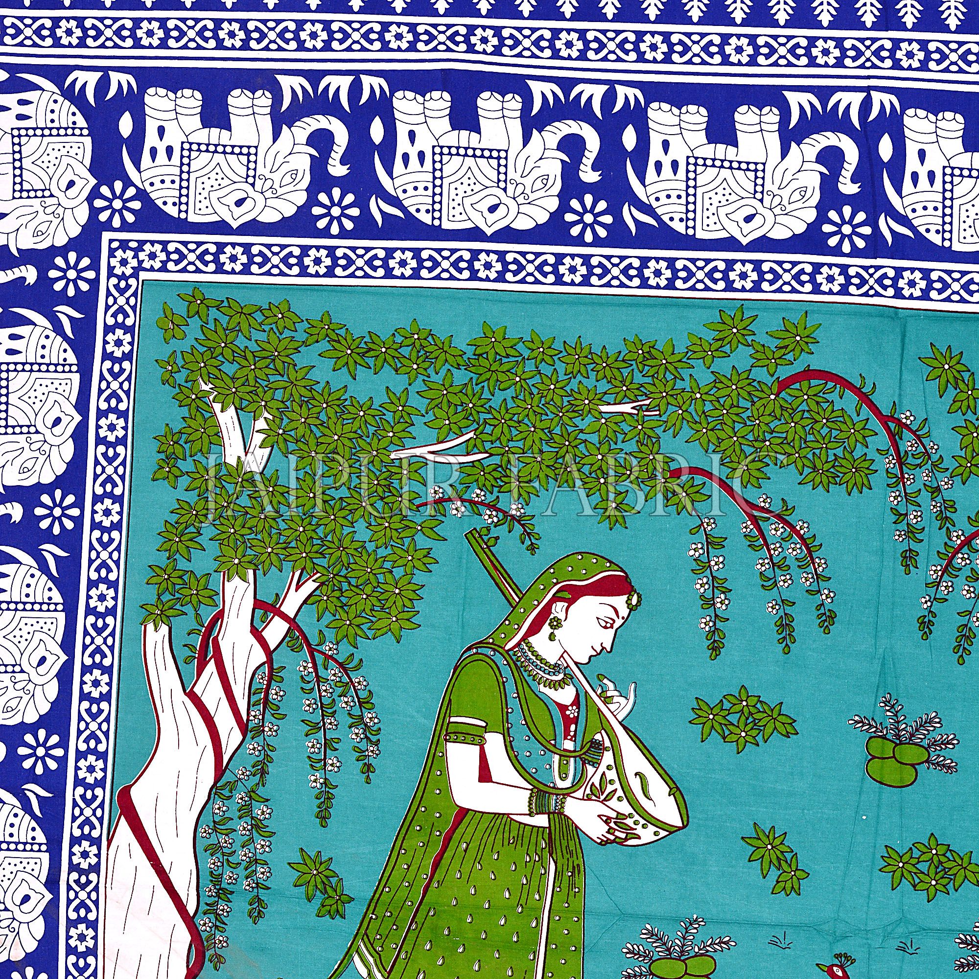 Neavy Blue Border Green Base Meera With Peacocks Cotton Double Bedsheet