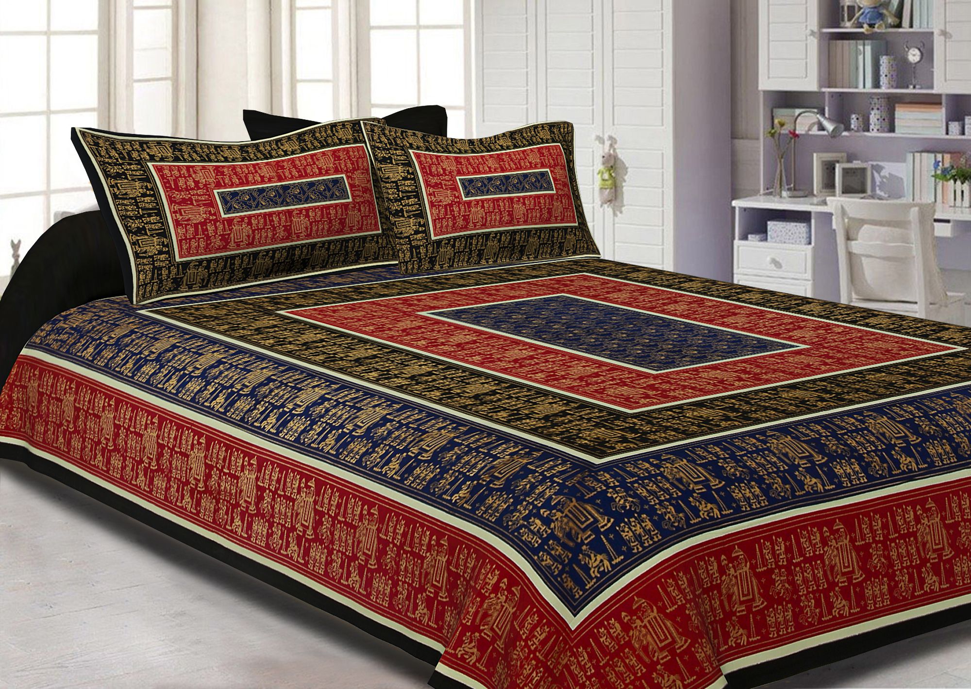 Black Border Golden Barat In Rectangle Pattern Super Fine Cotton Double Bedsheet