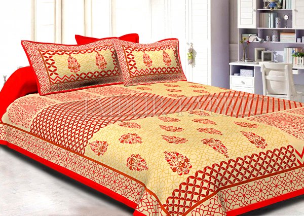 Red Border Creame Base With Rangoli And Gamala Printin Designer Pattern Fine Cotton Poplin Double Bedsheet With Two Pillow