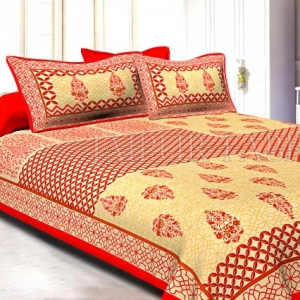 Red Border Creame Base With Rangoli And Gamala Printin Designer Pattern Fine Cotton Poplin Double Bedsheet With Two Pillow