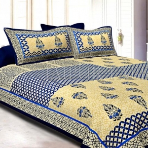 Navy Blue creame Base With Rangoli And Gamala Printin Designer Pattern Fine Cotton Poplin Double Bedsheet With Two Pillow