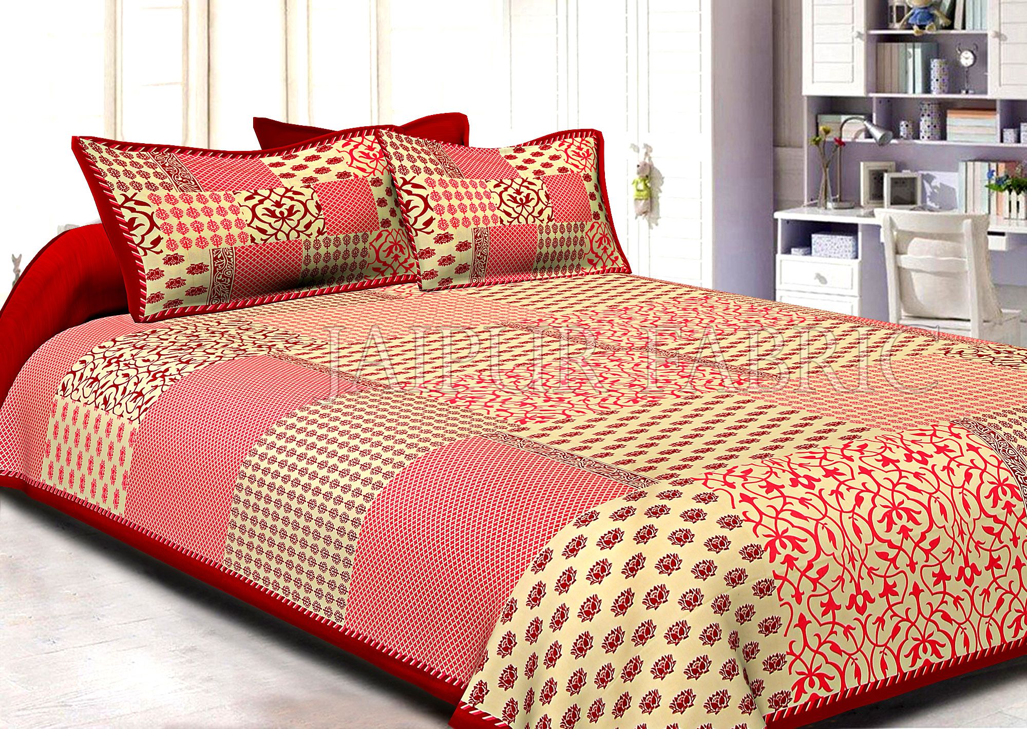 Mahroon Border With Small Lotus Rangoli And Check Print Designer Pattern Fine Coton Poplin Double Bedsheet With Two Pillow Cover