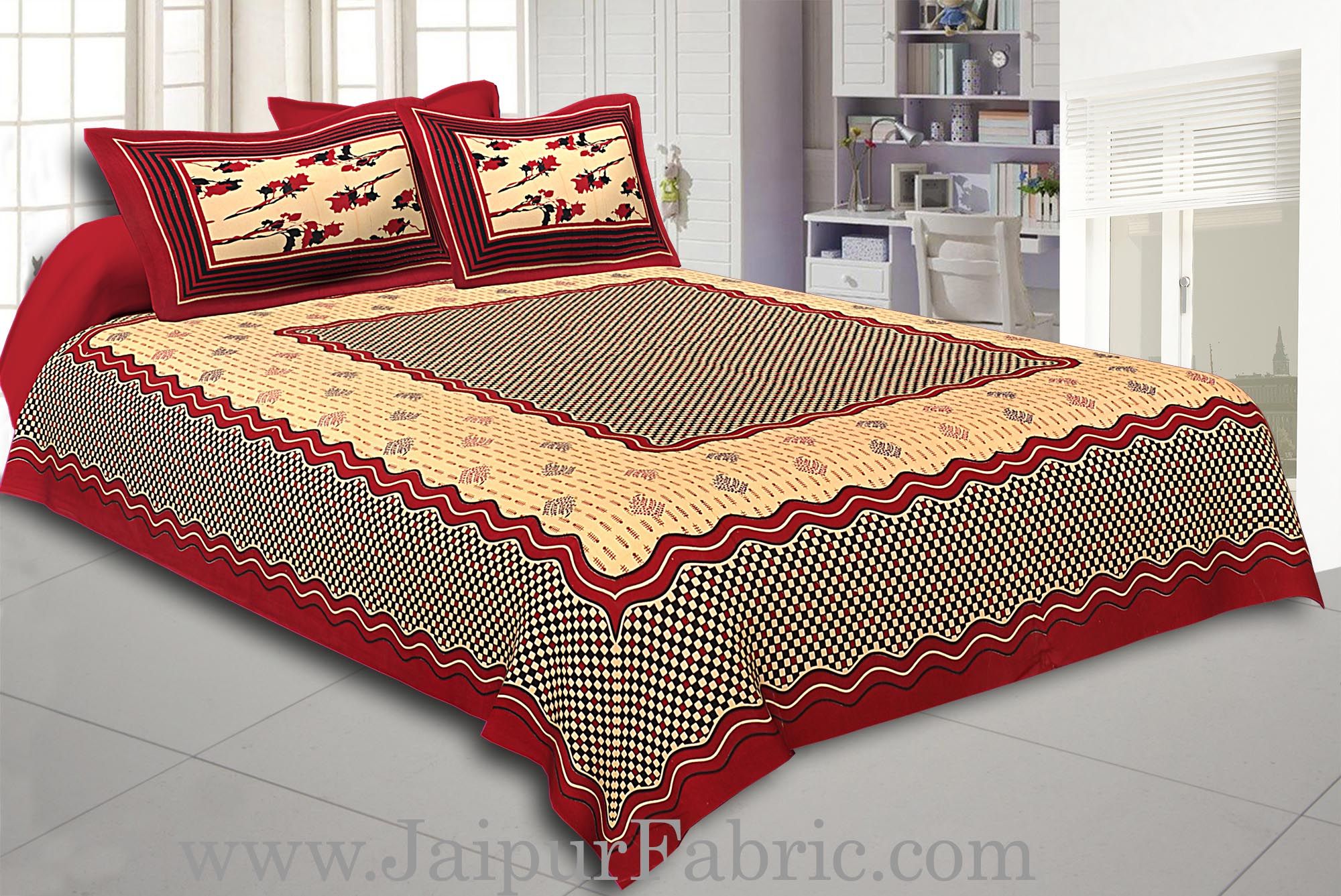 Maroon Border Cream Base With Small Maroon And Black Checks  Bagru Print Cotton Double Bedsheet