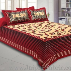 Maroon And Black Lining Border Cream Base Floral Pattern In   Bagru Print Cotton Double Bedsheet