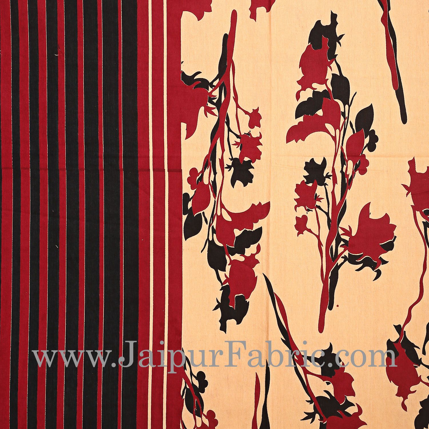 Maroon And Black Lining Border Cream Base Floral Pattern In   Bagru Print Cotton Double Bedsheet