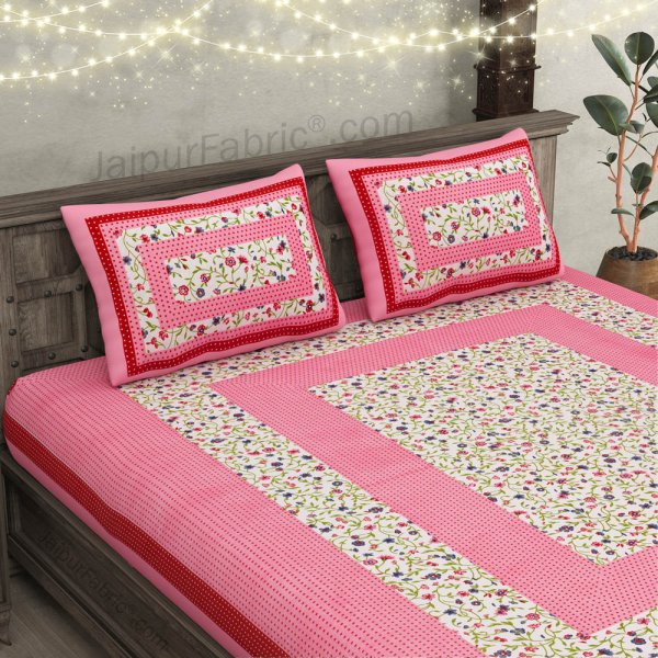 Floral Double Bedsheet Pink Color Dotted Border with 2 Pillow Covers