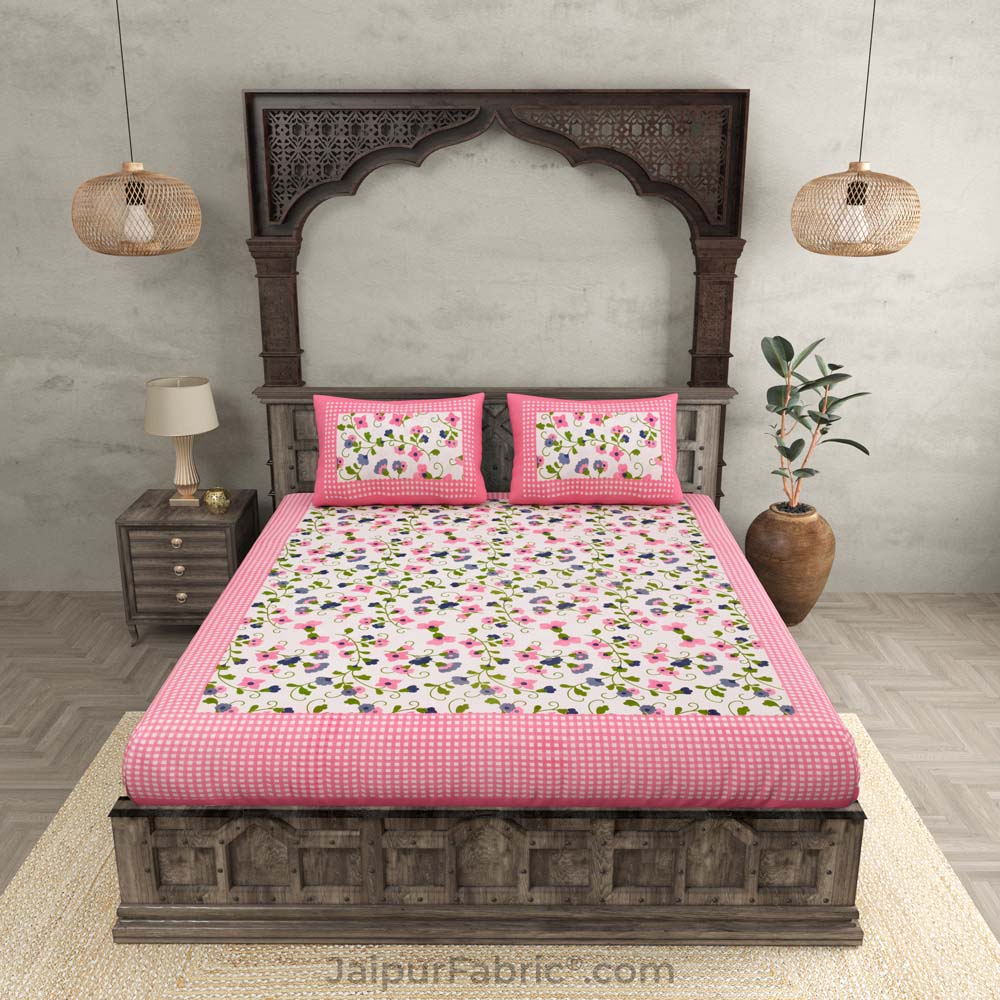 Floral Double Bedsheet Pink Color Dotted Border with 2 Pillow Covers
