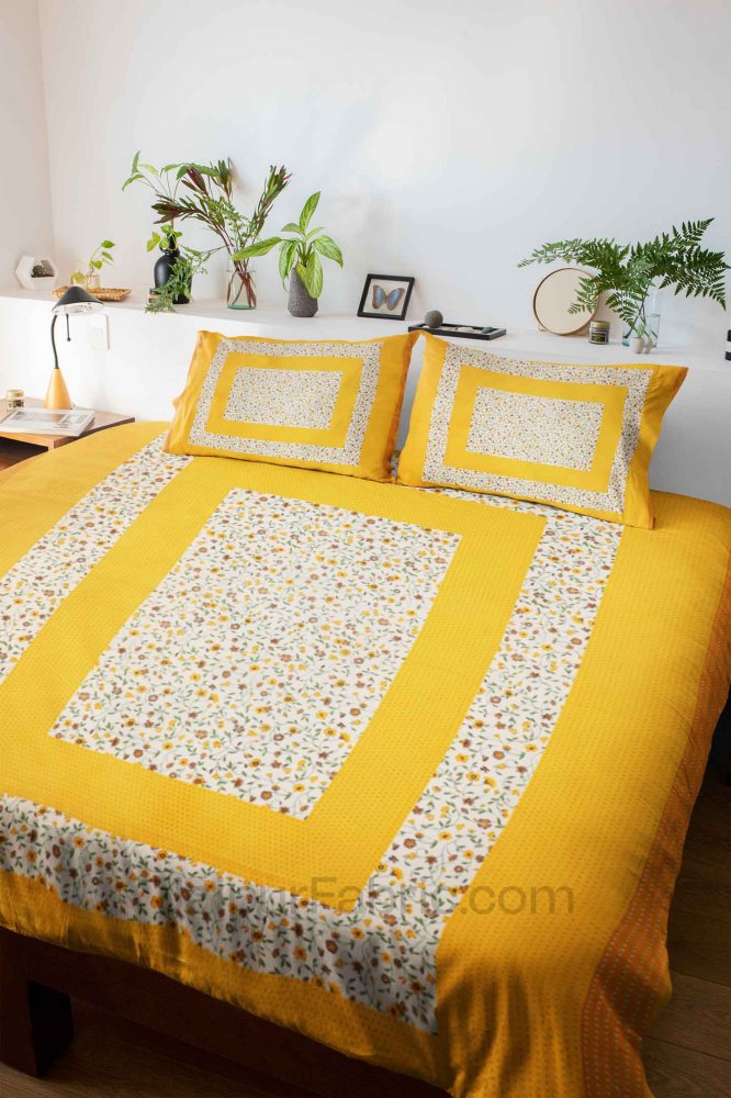 Floral Double Bedsheet Yellow Color Dotted Border with 2 Pillow Covers