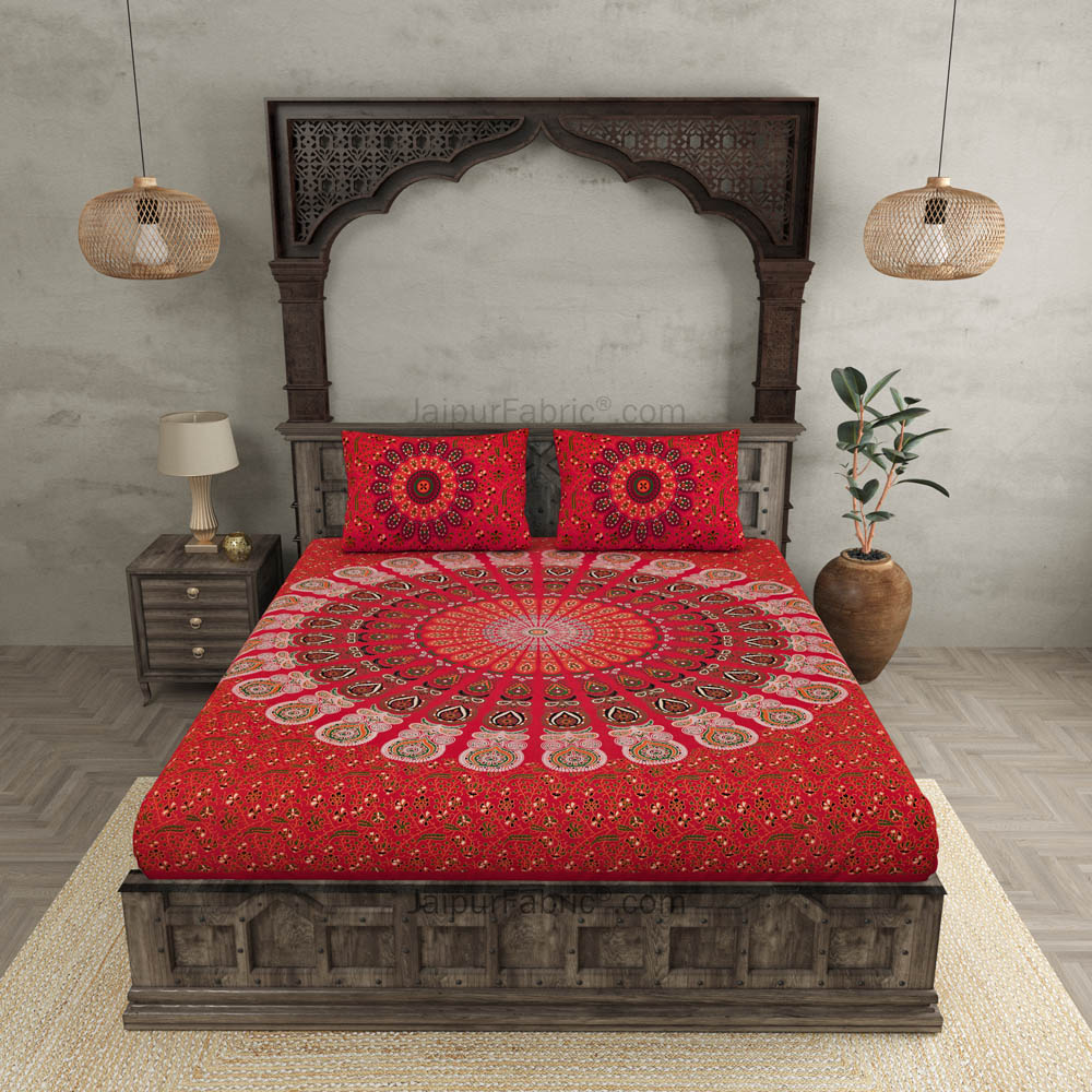 Red Mandala Double Bedsheet Tapestry with 2 Pillow Covers