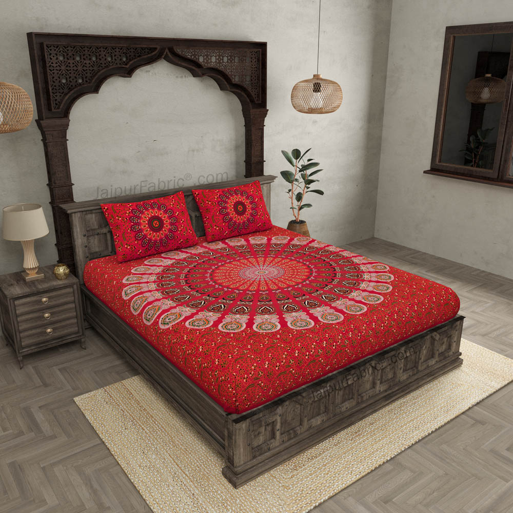 Red Mandala Double Bedsheet Tapestry with 2 Pillow Covers