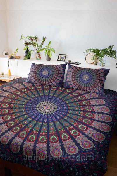 Blue Mandala Double Bedsheet Tapestry with 2 Pillow Covers