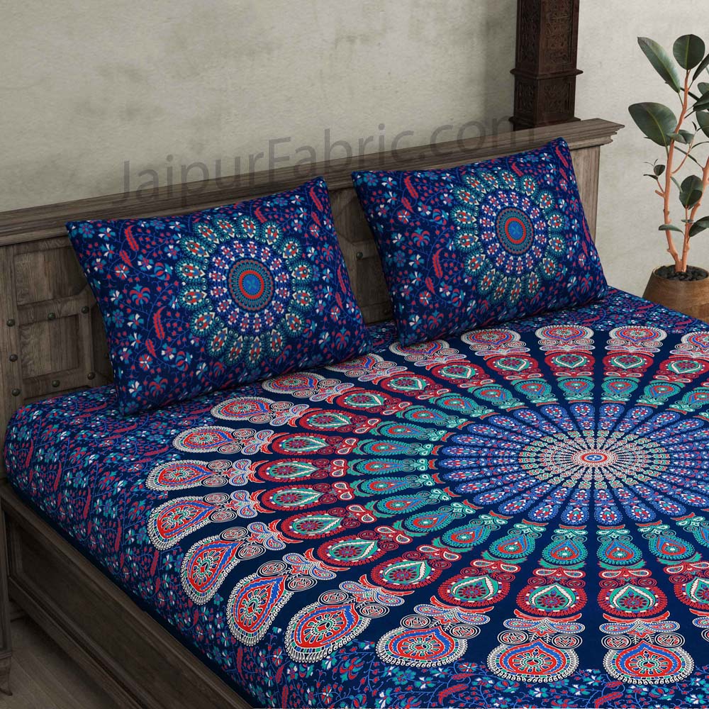 Blue Mandala Double Bedsheet Tapestry with 2 Pillow Covers