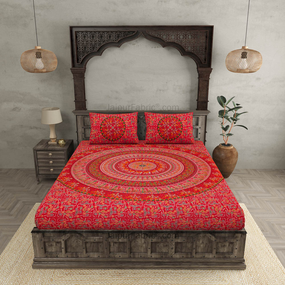 Ruby Red Mandala Bedsheet Tapestry Floral Print With 2 Pillow Covers