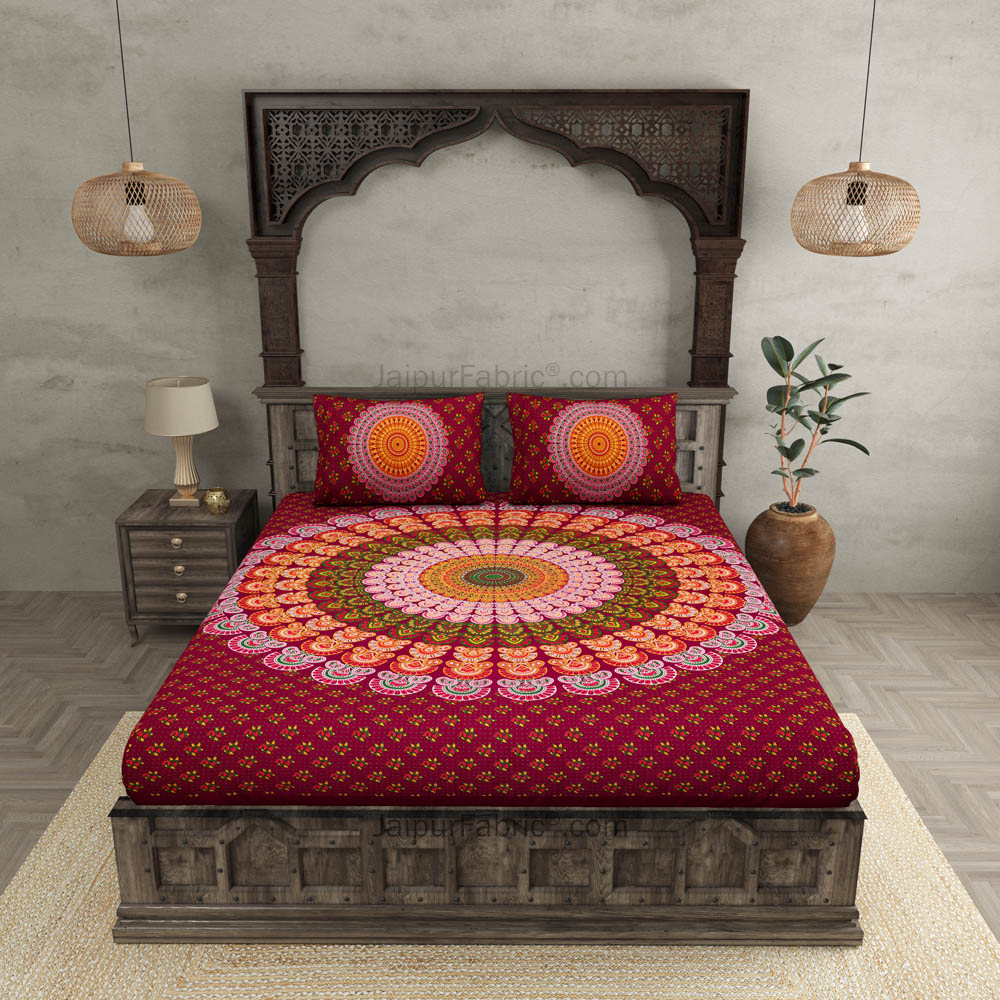 Crimson Red Mandala Bedsheet Tapestry Floral Print With 2 Pillow Covers