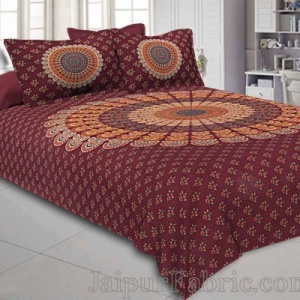 Crimson Red Mandala Bedsheet Tapestry Floral Print With 2 Pillow Covers